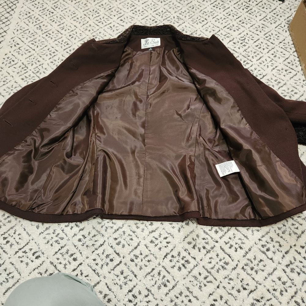 Le Suit Brown Wool Women's Blazer Velvet Buttons Beaded Collar & Cuffs Lined 8 - Picture 10 of 16